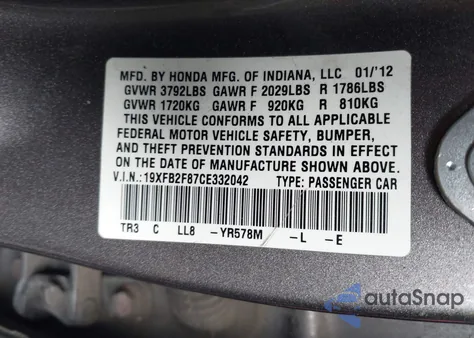 2012 Honda Civic Ex z USA, uszkodzony, nr VIN 19XFB2F87CE332042